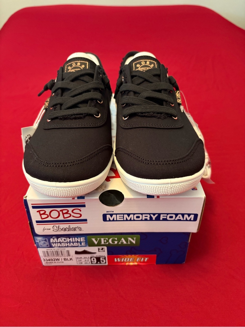Skechers Black Canvas Lace-Up BOBS Sneakers with White Sole 9.5 Wide Fit - Picture 2 of 8